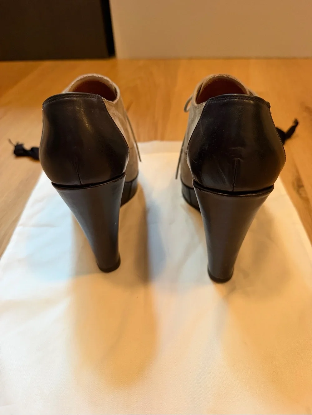 Barneys New York Grey Suede and Navy Blue Leather Cap-Toe Platform Oxfords